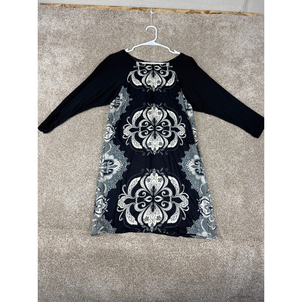 NEW Angie Dress Womens Black White Damask Medallion Raglan Sleeve Mini M Boho - Picture 2 of 11